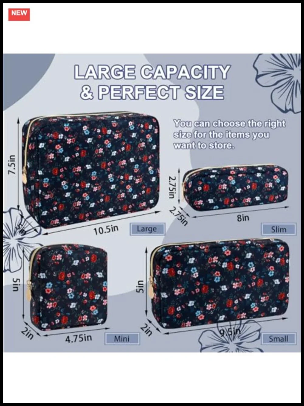 Waterproof Floral Makeup Bag Nylon Cosmetic Travel Pouch Organizer Cute Zipper